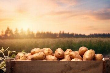 Fresh potatoes messy from ground in box for sale to shop and market. Generative Ai.