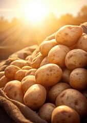 Fresh potatoes messy from ground on farm field with sunset light. Generative Ai.