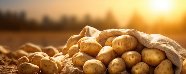 Fototapeta na wymiar Fresh potatoes messy from ground on farm field with sunset, banner panorama. Generative Ai.
