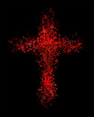 Red religious cross on a black background. bloody cross, hand drawing. Not AI. Vector illustration