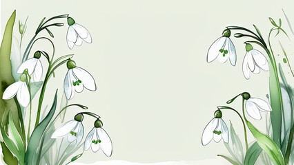 copy space frame snowdrops isolated on light green background, botanical herbal watercolor illustration for wedding or greeting card, wallpaper, wrapping paper design, textile, scrapbooking