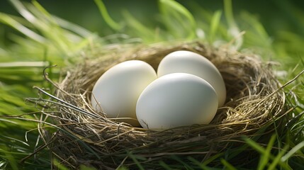 Close up of white Eggs in a Nest amongst Spring Grass. Selective Focus