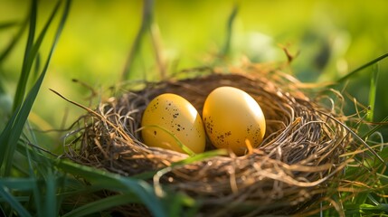 Obraz premium Close up of yellow Eggs in a Nest amongst Spring Grass. Selective Focus