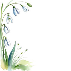 copy space frame snowdrops isolated on white background, botanical herbal watercolor illustration for wedding or greeting card, wallpaper, wrapping paper design, textile, scrapbooking