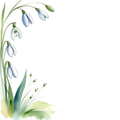 Obraz premium copy space frame snowdrops isolated on white background, botanical herbal watercolor illustration for wedding or greeting card, wallpaper, wrapping paper design, textile, scrapbooking