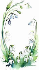 Fototapeta na wymiar copy space frame snowdrops isolated on white background, botanical herbal watercolor illustration for wedding or greeting card, wallpaper, wrapping paper design, textile, scrapbooking