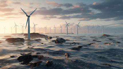 Offshore Windpark im Sonnenuntergang, Wellen auf dem Meer, Stromerzeugung durch Windenergie