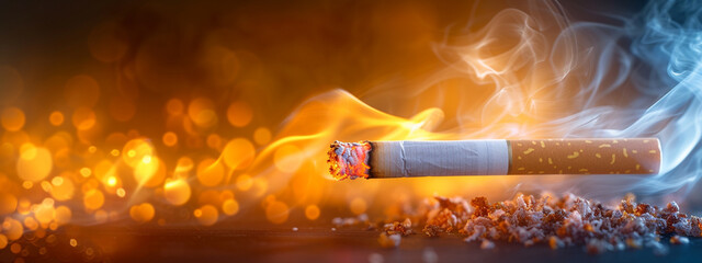 burning cigarette with smoke on blurred background - obrazy, fototapety, plakaty