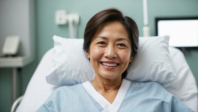 Middle-aged Asian Woman Smiling In A Hospital Bed, Wearing A Blue Patient Gown, Suggesting Recovery Or Healthcare Setting.