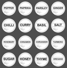 Set of stickers or labels for jars of spices .Set of 16 vector round stickers with names of spices.Organization of pantry space.