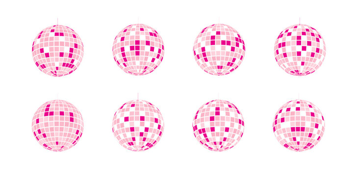 Set of pink discoball icons. Shining nightclub mirror sphere. Dance music party disco ball. Glitterball in 70s 80s 90s retro discotheque style. Nightlife, holiday, fun symbol