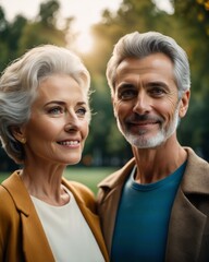 Obraz premium Elderly Couple Enjoying a Tender Moment Together in a Park at Sunset