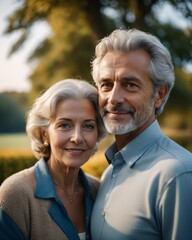 Elderly Couple Enjoying a Tender Moment Together in a Park at Sunset