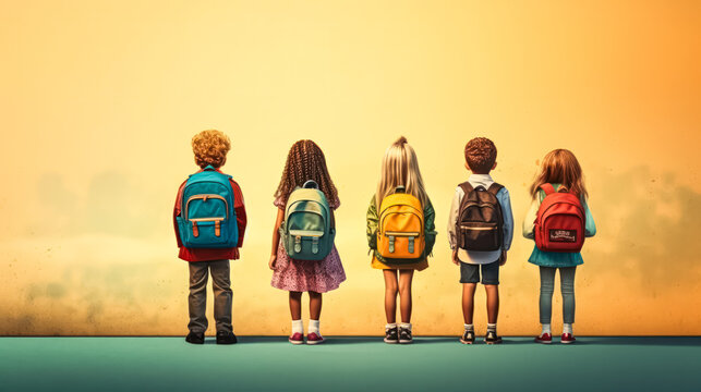 Capture the excitement of a new school year with a photo of children shot from behind, wearing backpacks. A back to school concept full of anticipation and possibilities.
