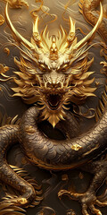 Ferocious golden dragon with an open mouth in a dynamic, artistic style.  Phone wallpaper. 