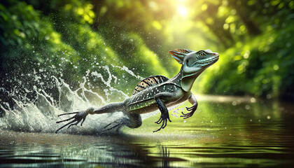 Fantastic illustration of basilisk lizard running on water making a splash in lush green jungle and sunny background. Animal behavior concept. AI generated.