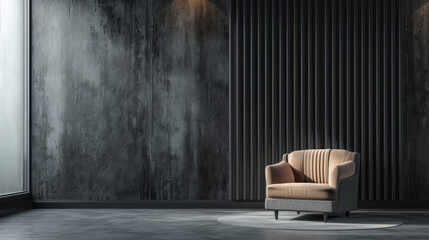 A classic armchair in a room with dark walls, timeless elegance.