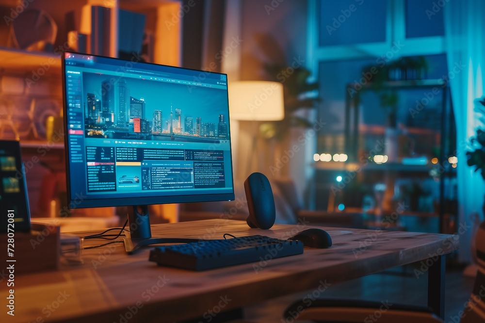 Poster shot of a desktop computer with latest news web page showing on screen standing on the wooden desk i