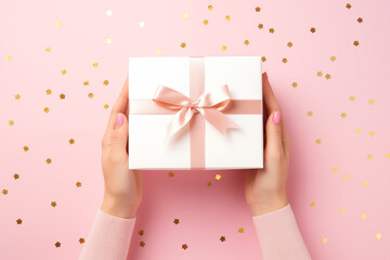 Top view of a female hands holding a gift box with confetti on pink background. Flat lay composition for birthday or wedding