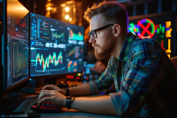 Financier Works on a Personal Computer Showing Statistics Graphs and Charts In the Background His...
