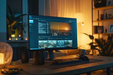 Shot of a Desktop Computer with Latest News Web Page Showing On Screen Standing on the Wooden Desk in the Creative Cozy Living Room In the Background Warm Evening Lighting and Open Space Studio