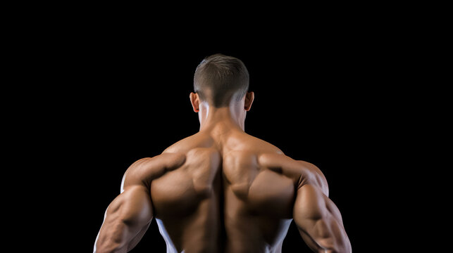 Witness raw strength as a bodybuilder, a handsome and athletic man, pumps up his back muscles in a fitness workout. A powerful image embodying the dedication and intensity of bodybuilding.