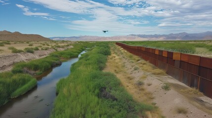 Fototapeta na wymiar Rust colored border wall with a river and grass on one side and a desert on the other side, the wall has barbed wire and a small drone watching in the sky. Frontier, border migrant control