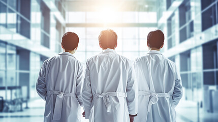 Fototapeta premium Experience the essence of healthcare professionalism with a group of medics or doctors walking along a hospital corridor. A concept portraying teamwork and dedication in the medical field.