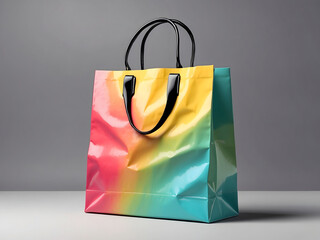 Multicoloured paper glossy shopping bag mockup design with black handles designs.