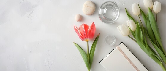 Spring Serenity: Tulip and Pastel Journal on White Surface

