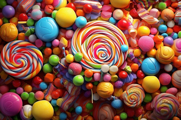 Fototapeta na wymiar Top view of colorful lollipops and different candies