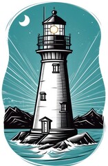 engraving logo of lighthouse on shore of ocean at night with moon and light. sea navigation.