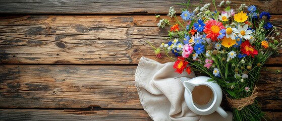 Country Spring Charm: Wildflowers and Linen on Wooden Surface  