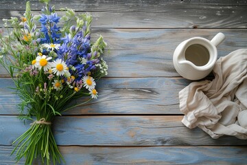 Fototapeta na wymiar Country Spring Charm: Wildflowers and Linen on Wooden Surface