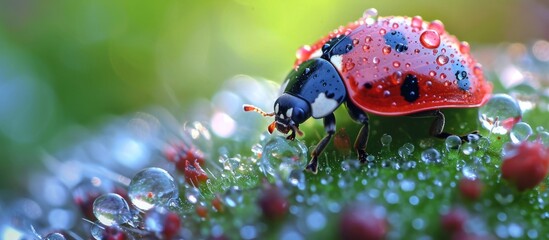 Fresh Morning Dew Creates a Serene Ladybug Experience with Freshness, Morning Bliss, and Dewy Elegance