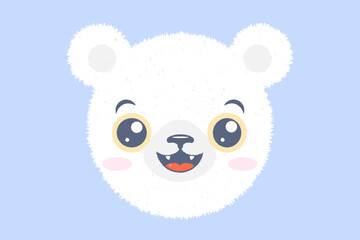 Vector illustration of head of a polar bear for children. Vector icon of kawaii white bear for kids party. Baby bear emoji.