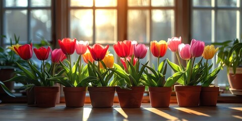 A romantic display of perfect tulips in a potted vase, adorning a windowsill with springtime freshness.