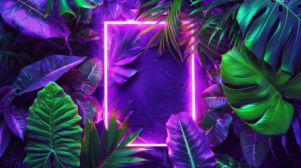 Surreal background of tropical leaves with a fluorescent geometric shape in the center