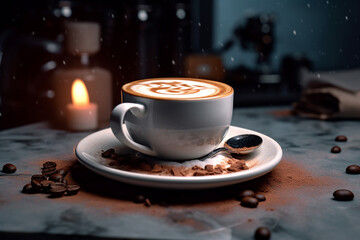 A steaming cup of coffee with latte art, surrounded by coffee beans and a candlelit ambiance.