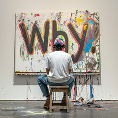 Artist in front of a blank canvas, with "Why?" painted in bold letters