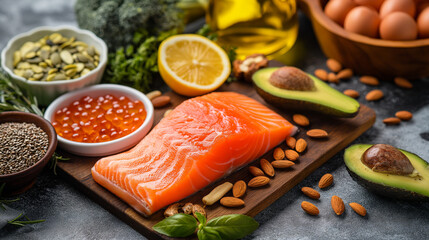 Sources of omega-3 fatty acids. Red fish, avocado, caviar, nuts, seeds - obrazy, fototapety, plakaty