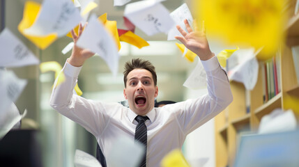 Office worker with an "Oops!" expression, papers flying in the air. A small mishap in a busy and dynamic workplace