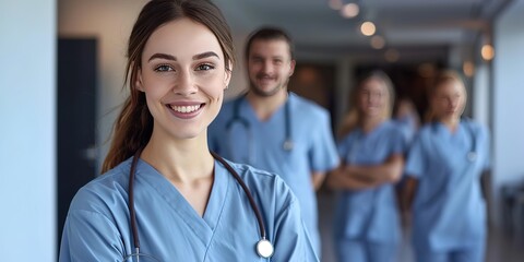 Confident female nurse in blue uniform with colleagues in hospital hallway