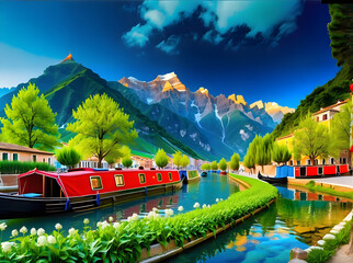 wonderful scenery,canal,mountain,tree,plant,Generative aI - obrazy, fototapety, plakaty