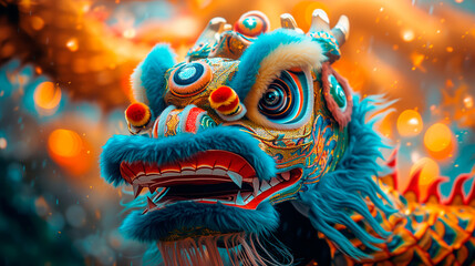 Closeup of 3D golden dragon statue in Chinese temple, symbol of Chinese New Year
