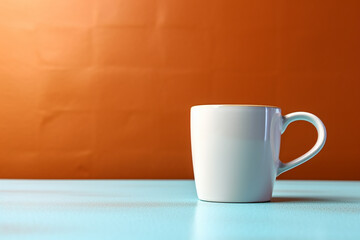 White mug on a blue surface with an orange background.