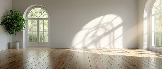 Empty room interior with arch entrance. Modern 3d living room, office or gallery with wooden floor, shadows and sun light from window on wall, vector realistic illustration.