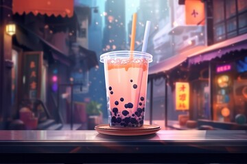 colorful bubble tea drink in a glass to go on a counter of street cafe - obrazy, fototapety, plakaty