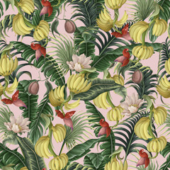 Seamless pattern with banana fruits and leaves. Vector.