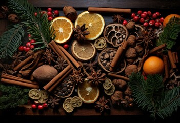 Christmas spices and dried fruits on a wooden table. Generative AI.